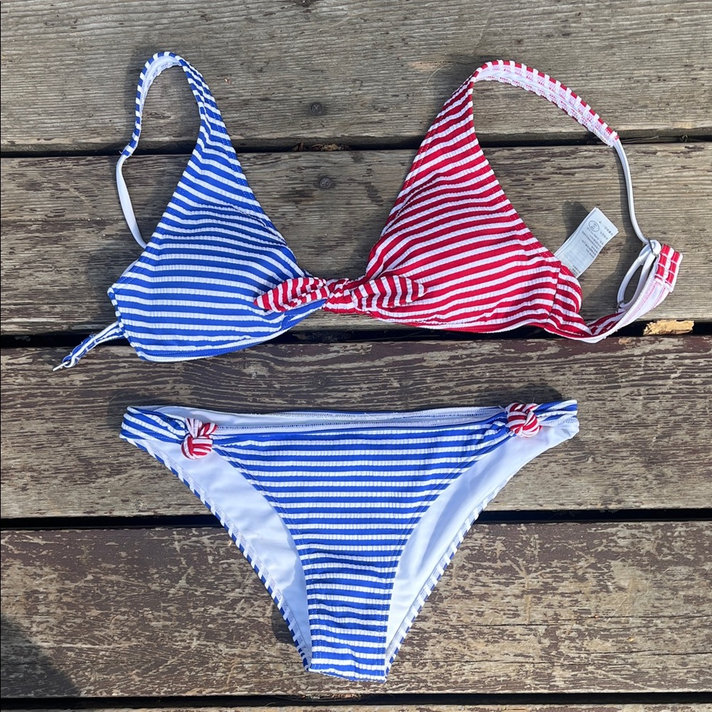 Striped Red and Blue Bikini Set